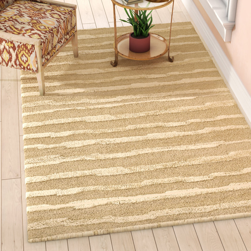 Nukri Hand Tufted Wool/Cotton/Viscose Striped Rug in Beige, Rectangle 9'6" x 13'6"