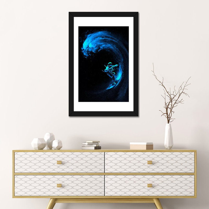 « space surf blue wave », impression sur toile, H 24 po x l 16 po x P 1 po, Papier d'art encadré noir, Blanc