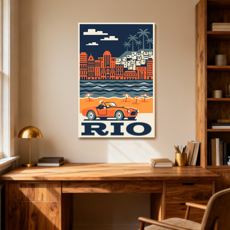 Scène urbaine rétro avec plage et voiture, H 30 po x l 20 po