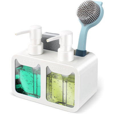 Distributeur de savon et de lotion 4 en 1, accessoires pour évier de cuisine avec éponge en pâte de bois épaisse et serviette, distributeur double de savon pour les mains et la vaisselle à poser, avec porte-éponge et porte-brosse.
