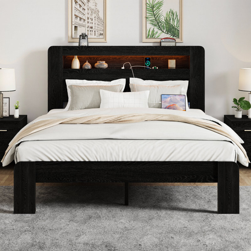 Lit très grand avec rangement à DEL - cadre plateforme noir mat avec prises USB, prise sous le lit de 18 po de hauteur sous le lit, lattes silencieuses, pas de sommier, assemblage hexagonal de 30 minutes seulement