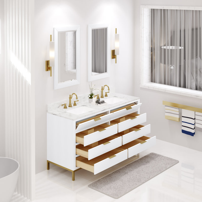 Meuble-lavabo de comptoir en marbre blanc 60 "avec miroir Bristol Carrara Bristol, Blanc pur