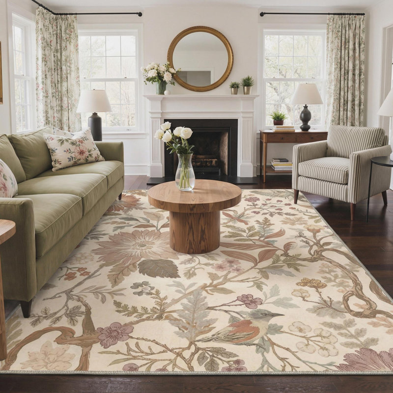Clermont Veridian Floral Machine Washable Beige Indoor Area Rug with Non-Slip Backing, Rectangle 5' x 7'