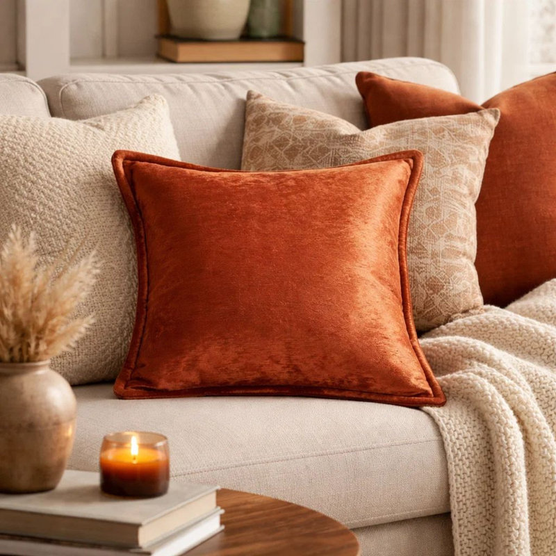 Housse de coussin Dey, velours rose cuivre brun brillant, carré 20 pouces, Brun cuivré rougeâtre
