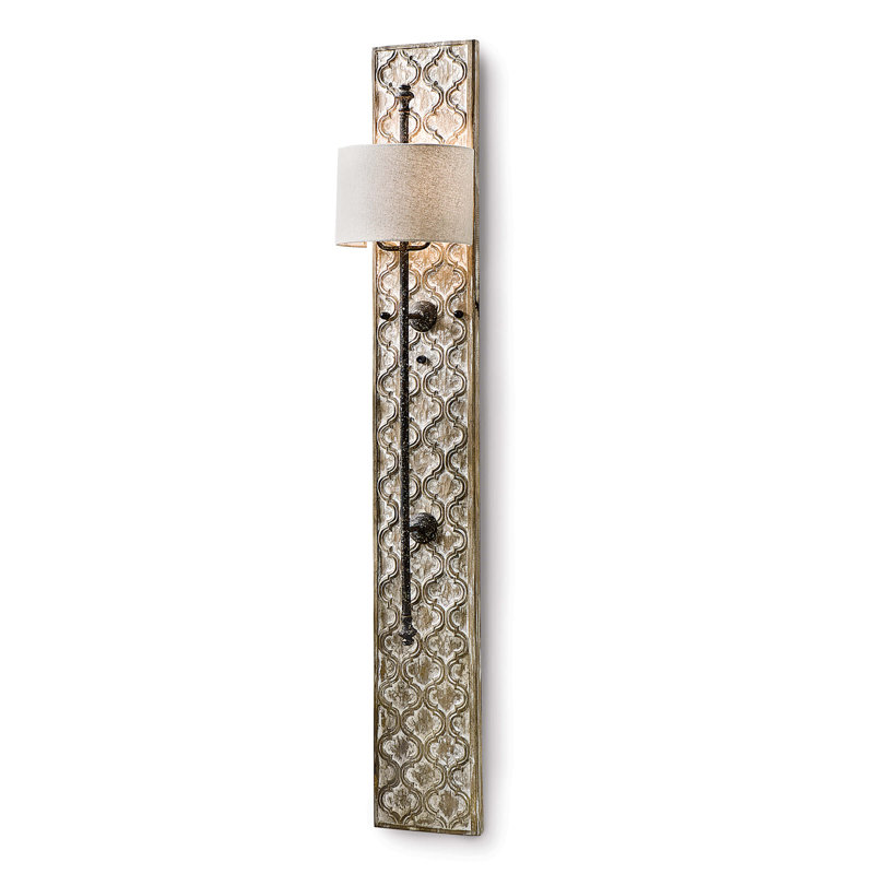 Distressed Gold Dual-Light Linen Shade Carved Sconce