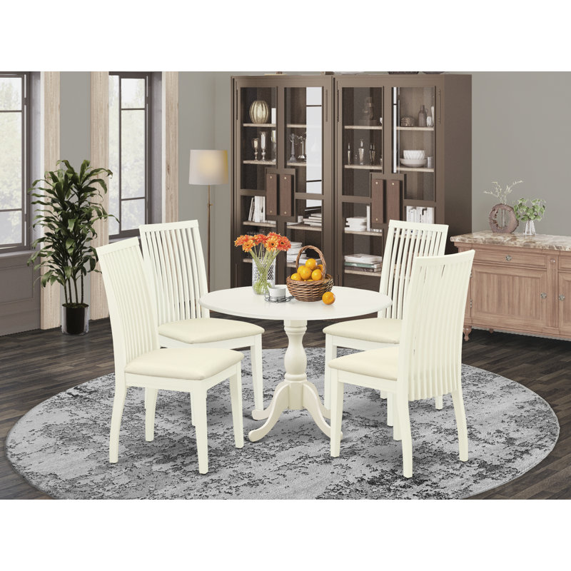 Ensemble de table de salle à manger 5 pièces moderne comprenant une table ronde en bois avec Dropleaf et 4 chaises de salle à manger rembourrées en tissu de lin, 42 x 42 pouces, blanc lin