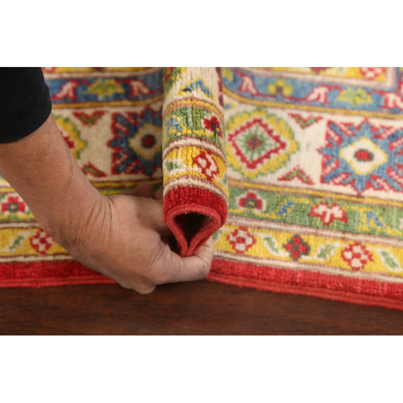 Tapis oriental géométrique rouge Kazak noué à la main 4 x 6