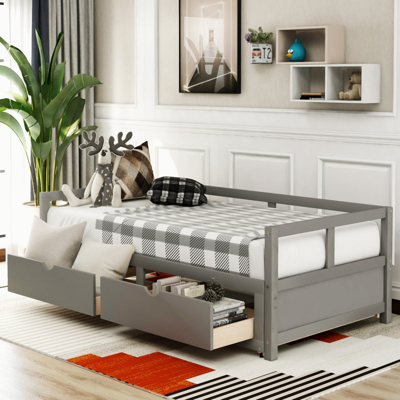Wooden Daybed With Trundle Bed And Two Storage Drawers, Gray