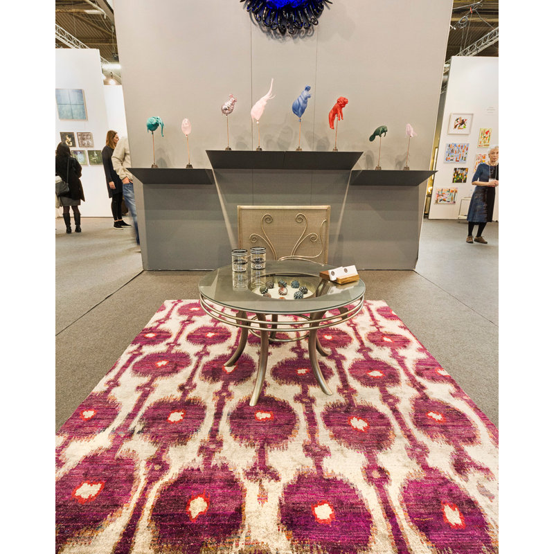 Rumi Ikat Hand-Knotted Silk Red/Beige/Grape Pom Area Rug, Rectangle 5'1" x 7'8"
