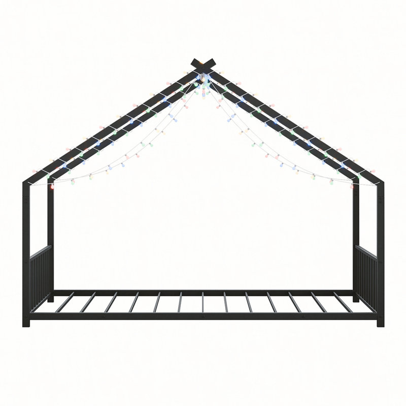 Children's Bed Frame with LED Light Strips, Sturdy Roof-Shaped Iron Frame for Safe and Fun Sleeping, Black, Twin
