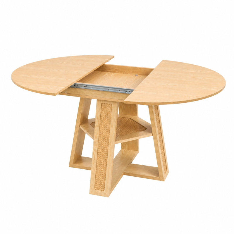 Extendable Round To Oval Dining Table With Removable Leaf And Storage Shelf