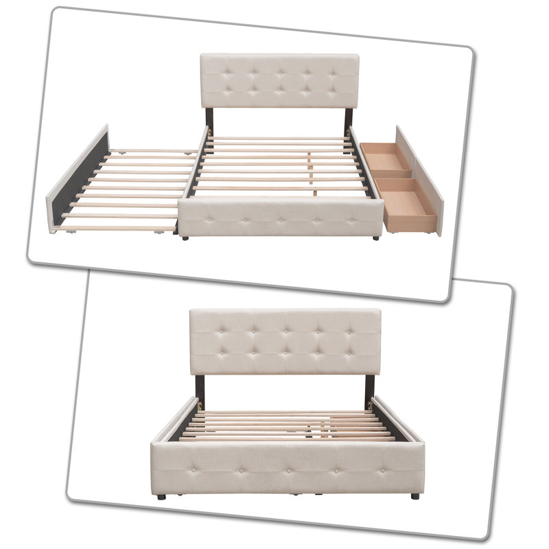 Base de lit rembourrée de style moderne avec lit gigogne et deux tiroirs pour la chambre à coucher, grand lit, Beige