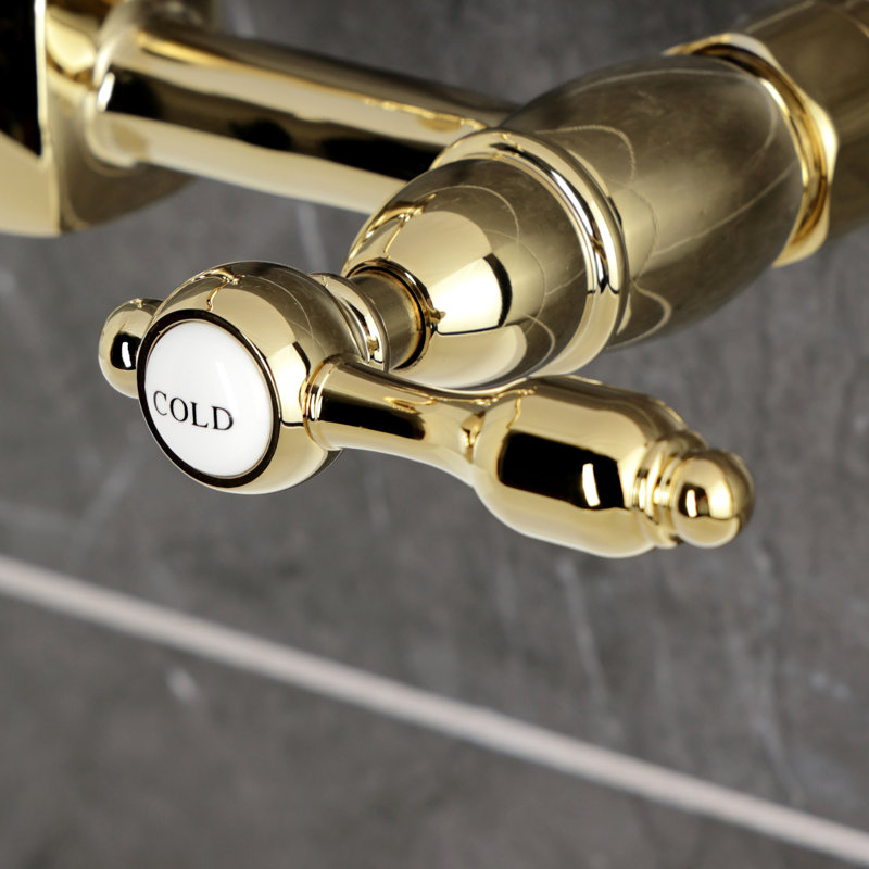 Kingston Brass Tudor Double-Handle 2-Hole Wall-Mount Bridge Kitchen Faucet, Polished Brass