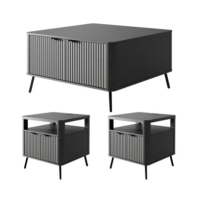 3-Piece Organic Modern Living Room Table Set with Lift Top Storage Coffee Table and Fluted Charging End Tables