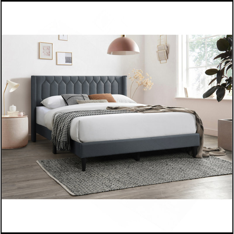 Cadre de lit tête de lit à motif de losanges moderne en tissu pour grand lit 1pc, Gris anthracite