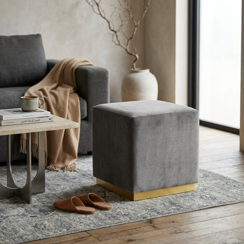 Alanieta Square Velvet Ottoman, Gray Velvet