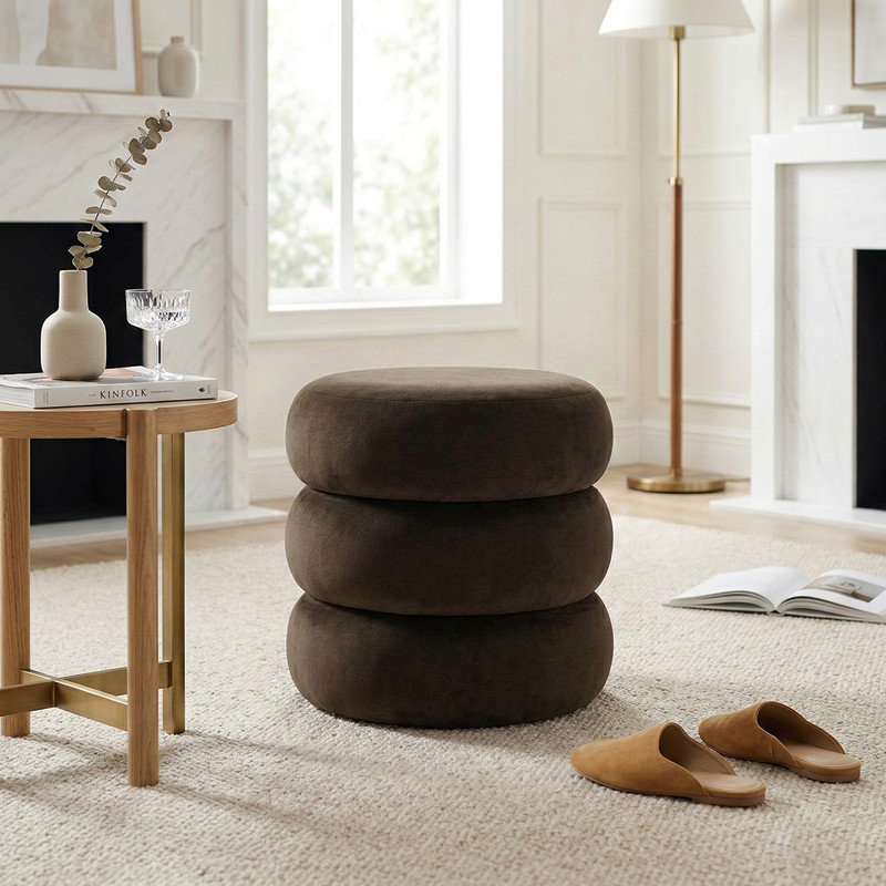 Modern Velvet Round Pouf With Storage, Brown
