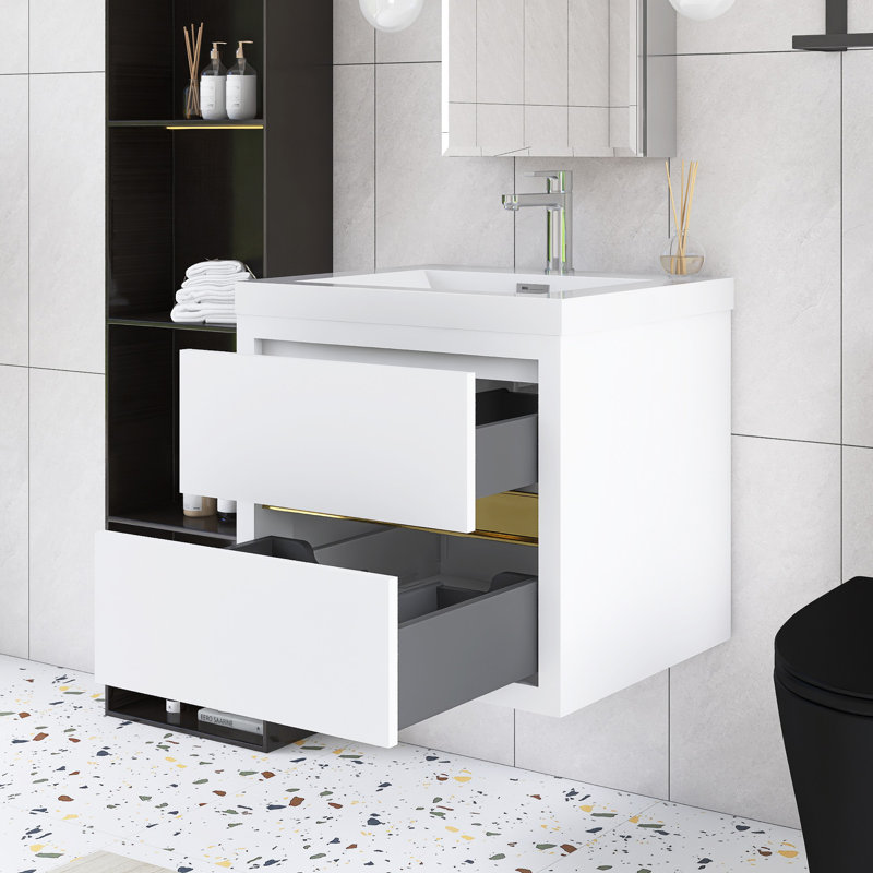 Meuble-lavabo simple mural 24 po avec plateau en composite intégré, Blanc lustré
