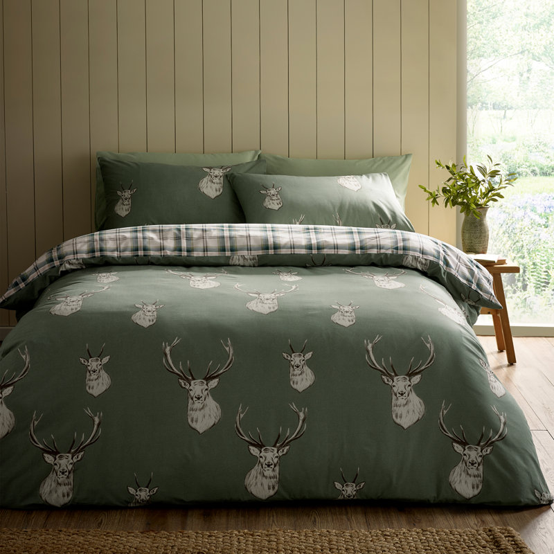 Stag Check Reversible Duvet Cover Set, Double Duvet Cover + 2 Standard Pillowcases, Olive Green