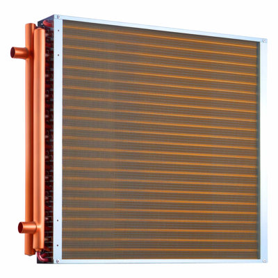 Water to Air Heat Exchanger, 24 x 24 in Finned Tube HVAC Heat Exchanger Coil with Copper Tubes & Aluminum Fins, 225K BTU Output for Outdoor Wood Furnace, Hydronic Heating & Cooling Systems
