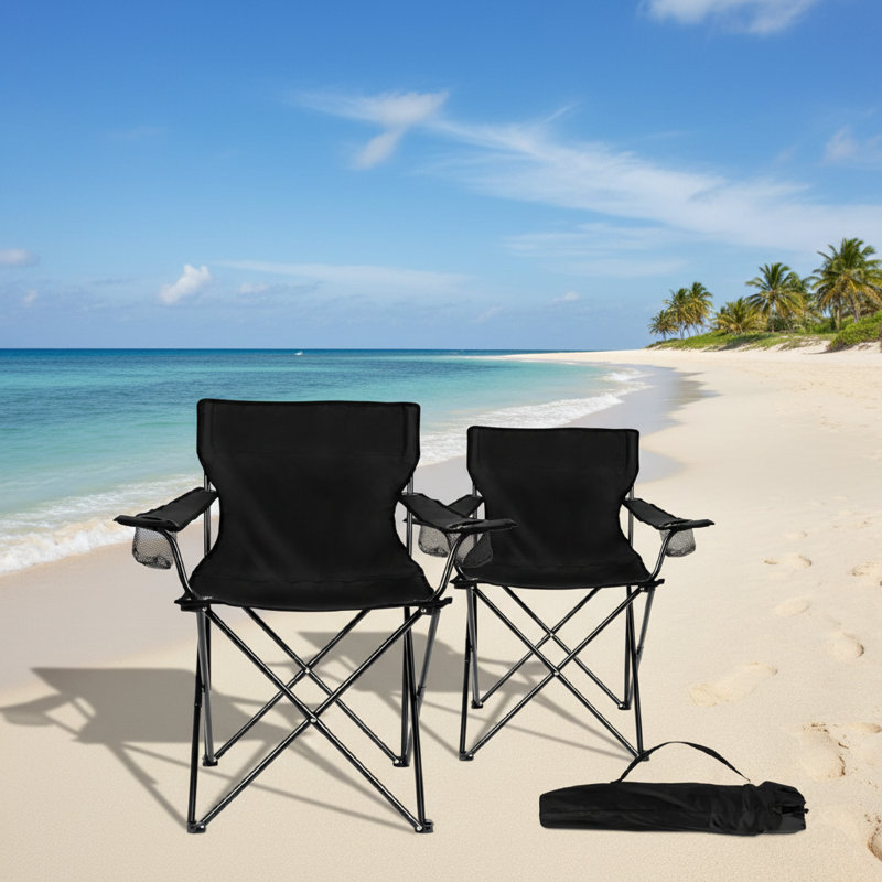 Black Adult Portable Folding Camping Chair Set 2-Pack With Storage Bag Oversized Suitable For Outdoor Lawn Fishing Hiking Picnic Beach