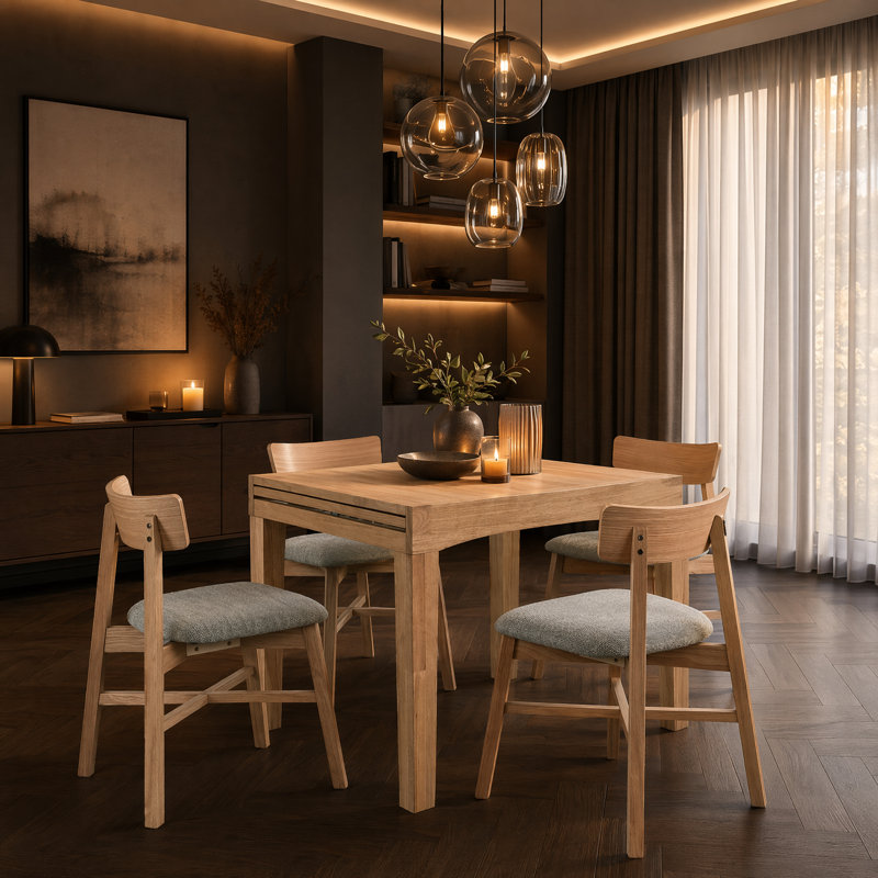 Extendable Solid Wood Dining Set, Tan, 4