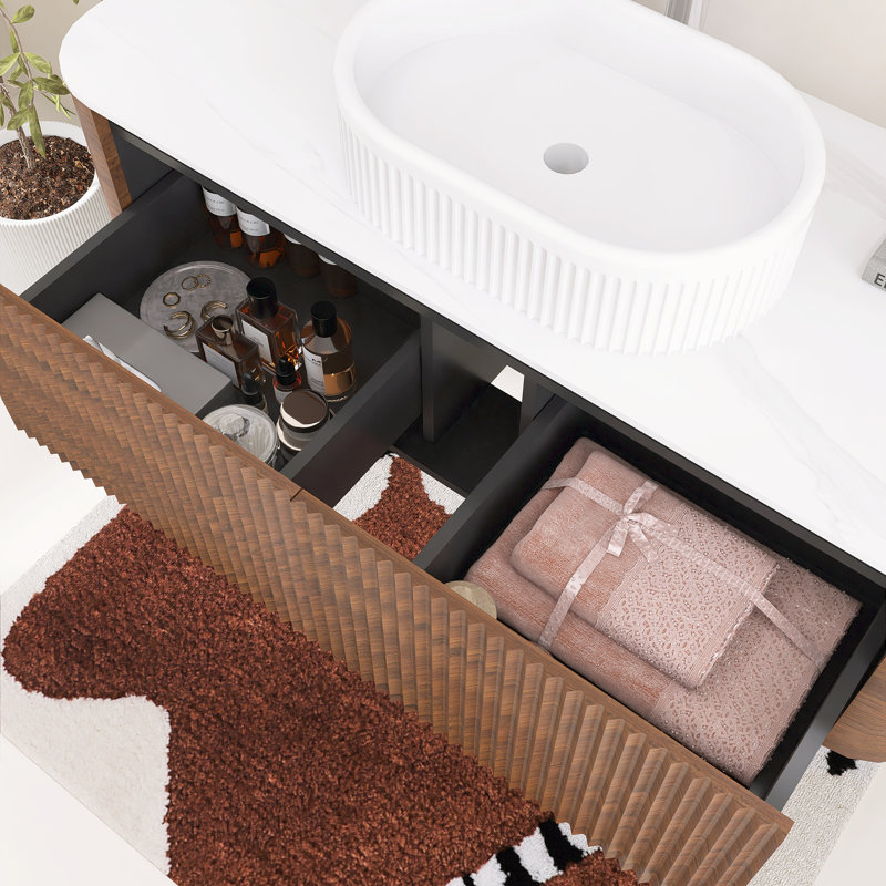 Meuble-lavabo mural cannelé 48 po avec lavabo vasque en céramique, deux tiroirs et porte-serviettes 48 po, Walnut