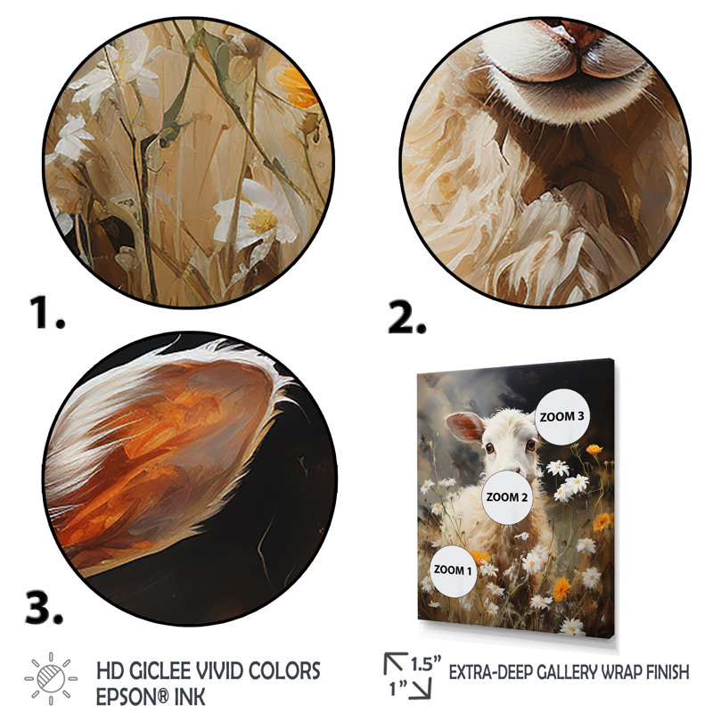 Chèvre blanche, prairie florale I - Chèvre, art mural, Cadre doré simple, H 32 po x l 24 po x P 1 po