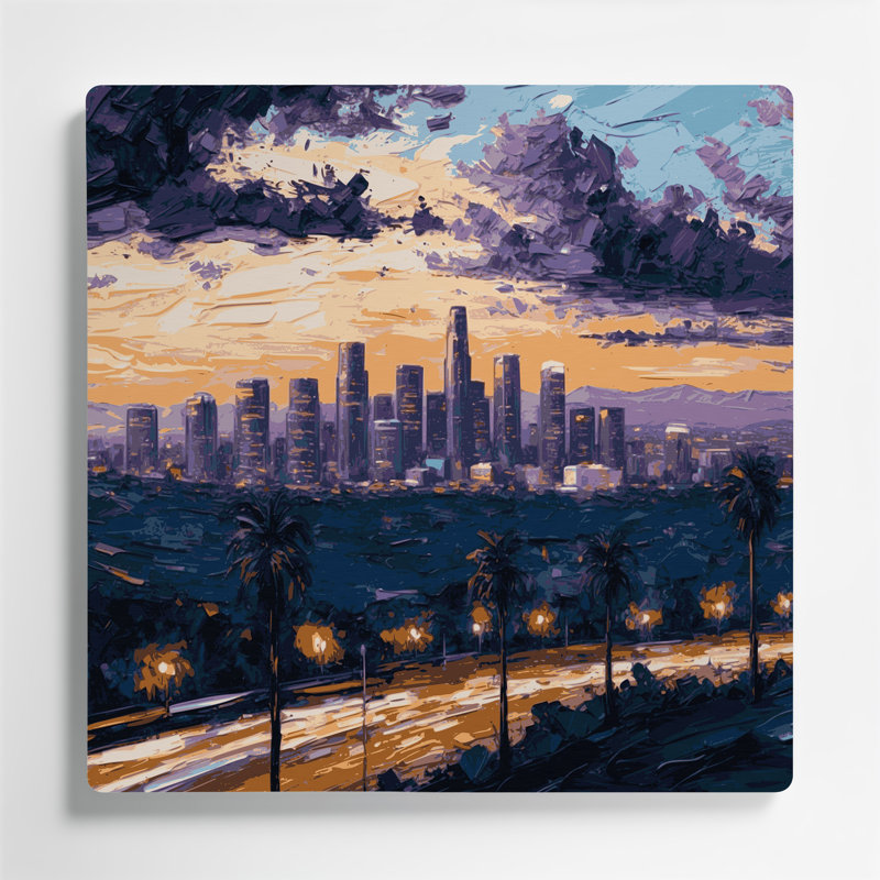 Art mural gris en métal avec villes de Los Angeles CA, H 32 po x l 32 po
