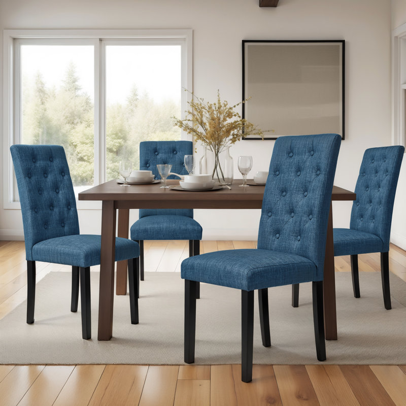 Tufted  Fabric Upholstered Parsons Dining Chairs, Navy, 4