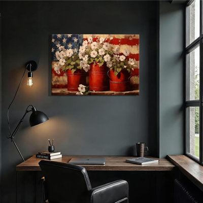 Rustic Flower Bucket Flag Canvas Wall Art 30x20 Inch Memorial Day Independence Day Floral Wall Décor