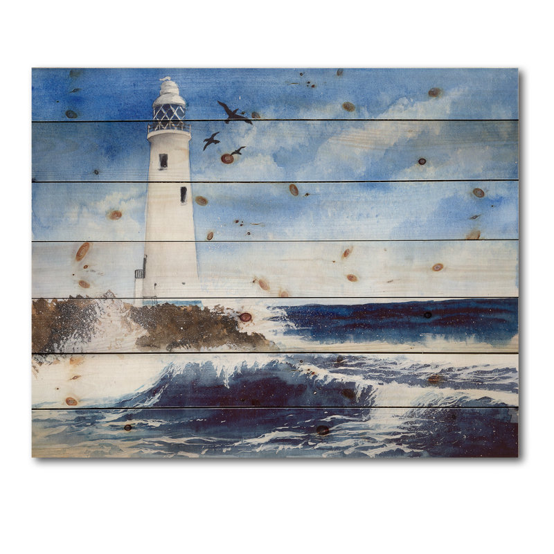 Phare sur une île rocheuse avec des mouettes - impression nautique et côtière sur bois de pin naturel