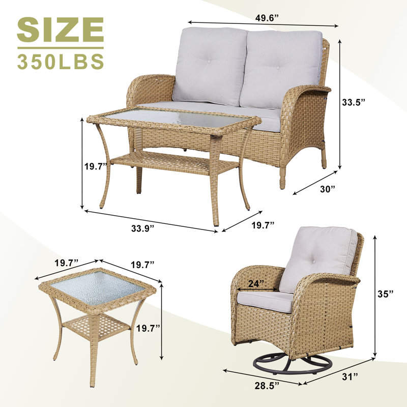Gaetanino Wicker 4 - Person Patio Conversation Set with Cushions, Natural Frame/Beige Cushion