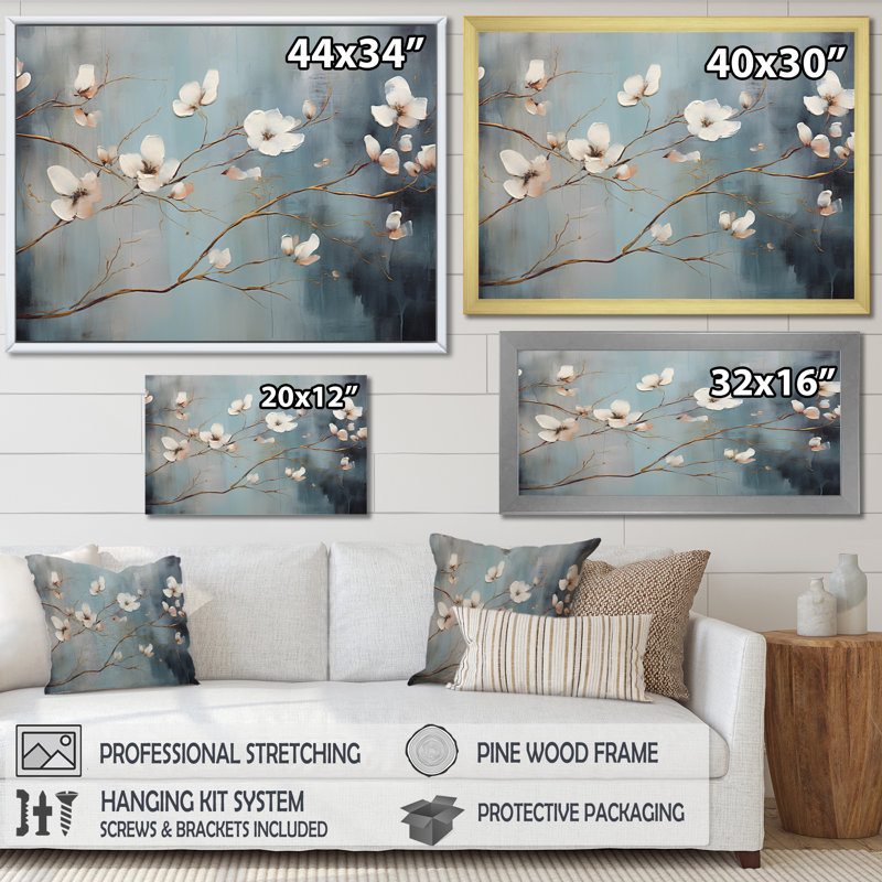 «Grey Blossoming Silhouettes - Abstract Botanicals», impressions sur toile, Encadrement doré, H 16 po x l 32 po x P 1 po