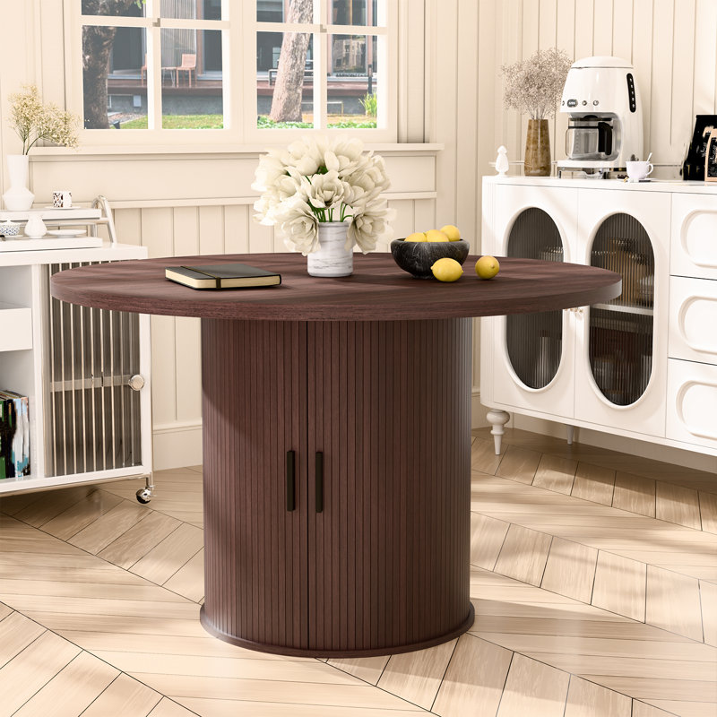 48"W Round Dining Table Seats 6, With Storage, Walnut