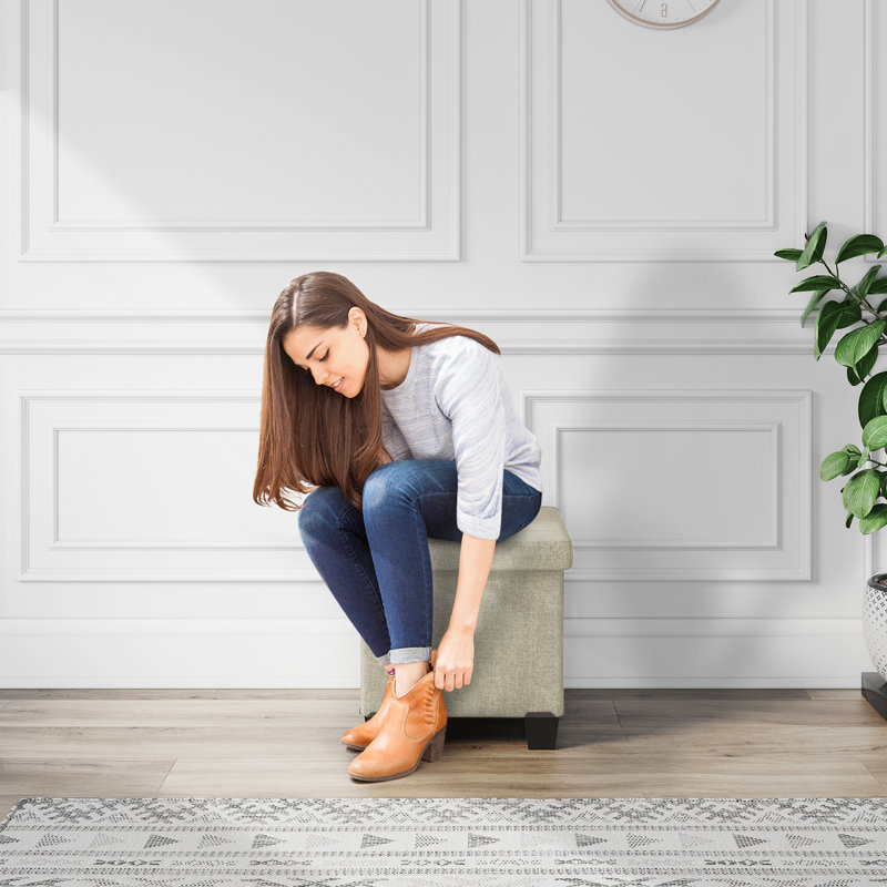Banc avec rangement Macklen, Mélange de lin ivoire, H 15 po x l 43 po x P 15 po