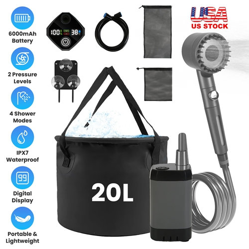Douche portative pour camping avec pompe à douche IPX7 imperméable et rechargeable de 6000 mAh, pomme de douche filtrée, seau pliable 5,3 gallons pour la plage