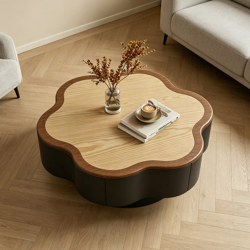 Table basse à pétales rétro français, 13" H x 31.49" L x 31.49" W, Black/Burlywood/NutBrown