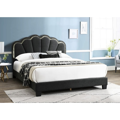 Full Size Bed With Charcoal Wool Floral Design Headboard, Built - In Led, Contemporary Platform Without Box Spring Fabric Design, In Style, No