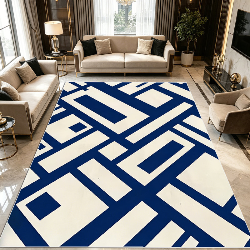 1PC Geometric Abstract Navy and Off-white Block Maze area rugs for Living Room, Soft and Comfortable, Suitable for all seasons, easy-to-maintain, machine washable Indoor floor mat, Under Table Farmhouse Style suitable for dining area, home entryway,