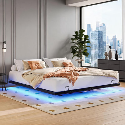 Metal Queen Size Platform Bed, Floating Style with Under-Bed LED Lights, Classic Black Solid Bed Frame