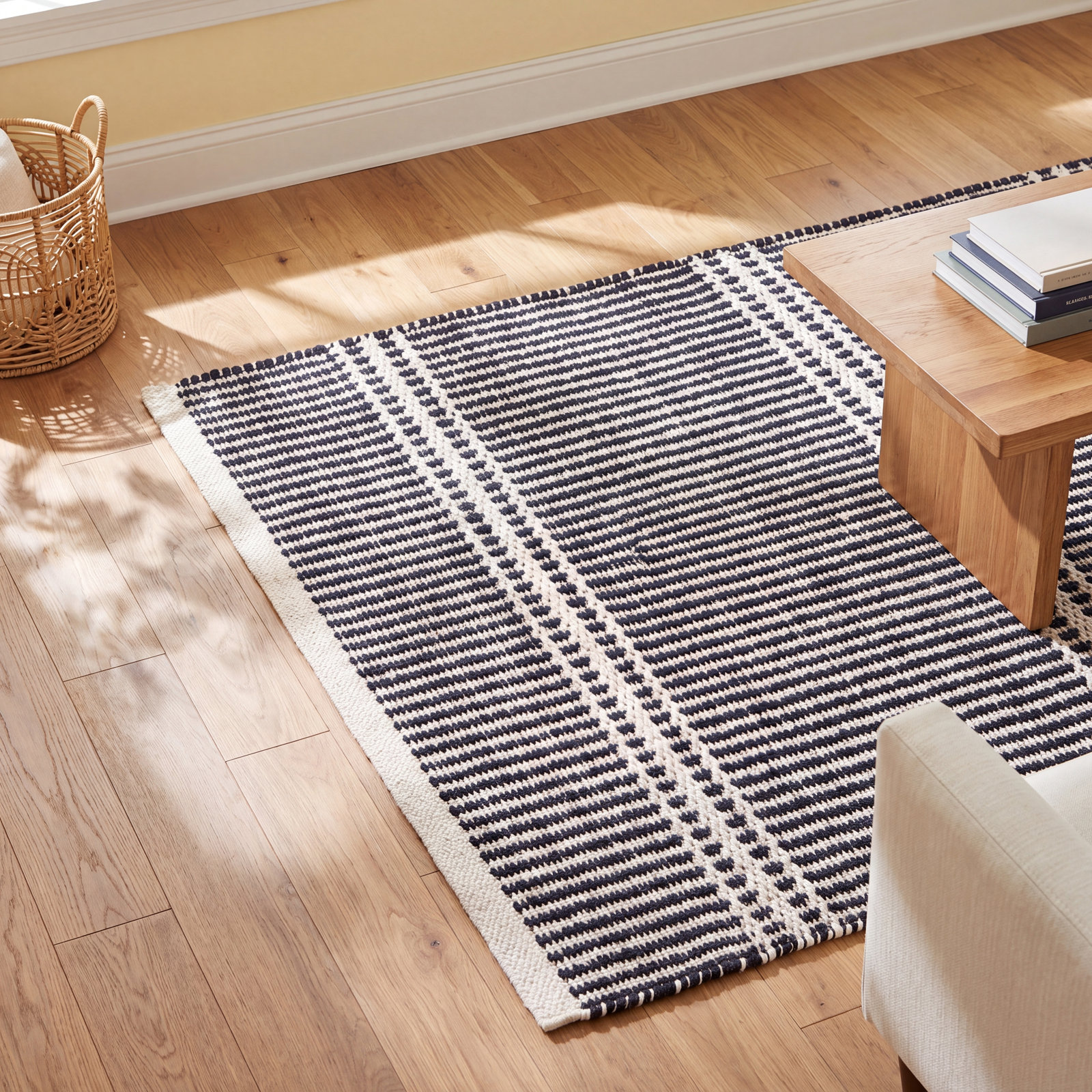 Malta Hand-Woven Striped Wool Rug, Rectangle 5' x 8', Black/Ivory