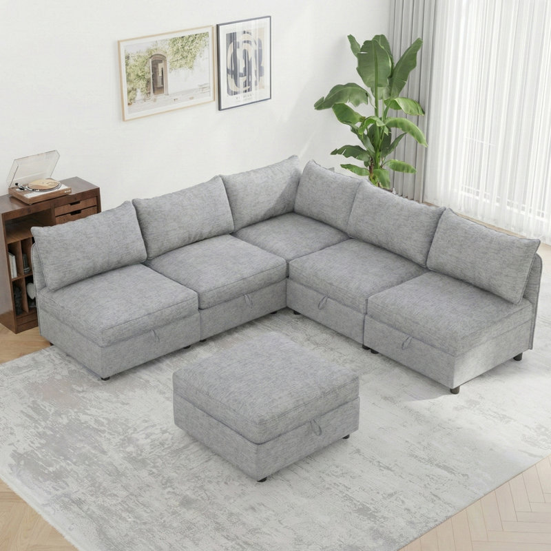 Canapé modulaire 6 places avec rangement caché, canapé convertible avec coussins moelleux, Polyester gris