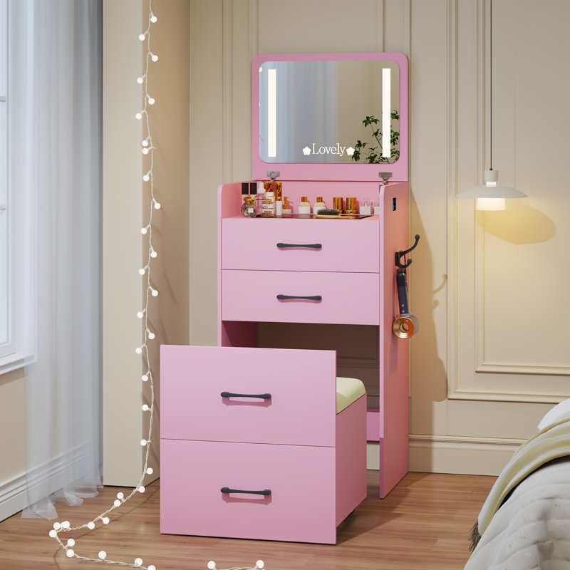 Dressing Table with Mirror, Black, Pink