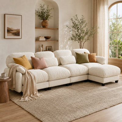 Canapé d'angle modulaire en forme de L Cavorlune Cloud pour 4 personnes avec pouf amovible, assise profonde en chenille moelleuse, coussins en mousse et ressorts, 4 petits coussins lombaires