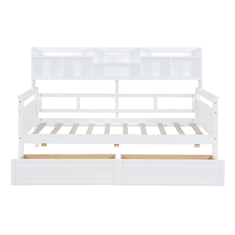 Lit de jour simple, support en lattes de bois, avec tablettes de chevet et deux tiroirs, blanc