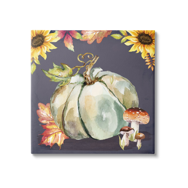 Floral, citrouille d'automne et champignons sur toile, impression, H 17 po x l 17 po x P 1,5 po