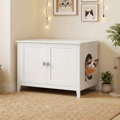 Meuble de litière moderne pour chat caché avec portes doubles, poignées, salle de bain intérieure pour animal de compagnie