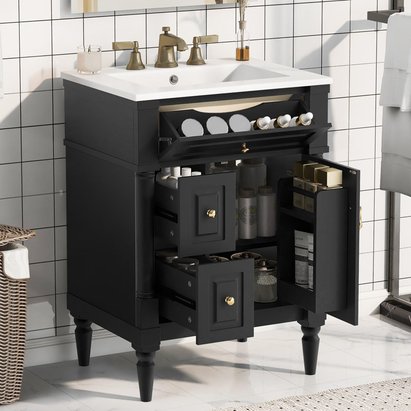 Meuble-lavabo autoportant de 24 po avec lavabo en céramique, Noir