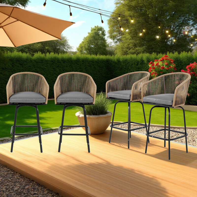 Tabourets de bar 4 pièces pour l'extérieur avec accoudoirs, chaises de patio avec structure en acier et rotin PE tissé, Gris
